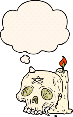 Çizgi roman tarzında bir insan tarafından çizilmiş garip kafatası ve mum.