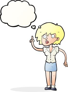 Bir insan tarafından çizilen düşünce baloncuğu ile ilgili sorusu olan karikatür kadın.