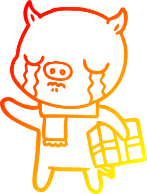 Bir insan tarafından çizilmiş Noel hediyesi için ağlayan bir domuzun sıcak çizgi çizimi.