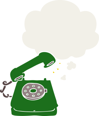 Düşünce baloncuğu olan eski bir telefon insan tarafından çizilmiş.