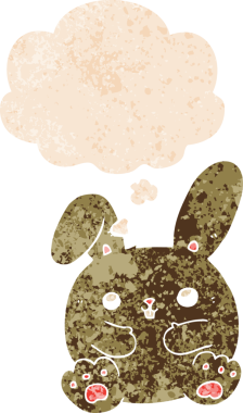 Düşünce baloncuklu çizgi film tavşanı grunge dertli eski moda bir insan tarafından çizilmiş.