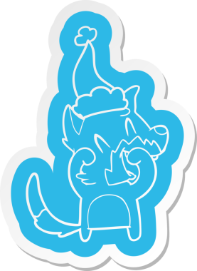 Gülen tilki çizgi film çıkartması. Bir insan tarafından çizilmiş Noel Baba şapkası.