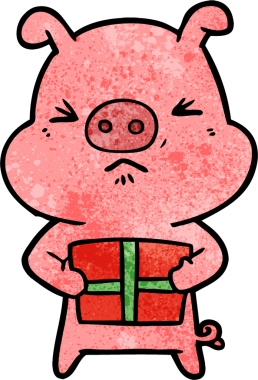 Bir insan tarafından çizilmiş Noel hediyeli kızgın domuz çizgi filmi.