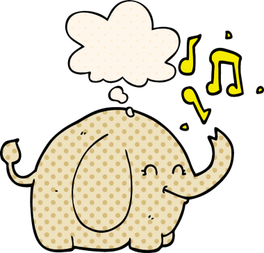 Çizgi roman tarzında bir insan tarafından çizilmiş düşünce baloncuğu olan karikatür trompetçi fil
