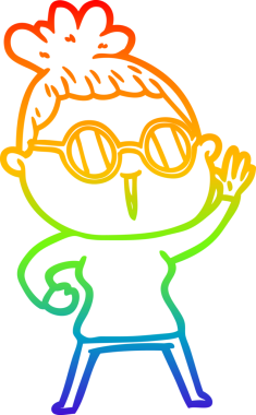 Bir insan tarafından çizilmiş gözlük takan bir karikatür kadının çizimi.