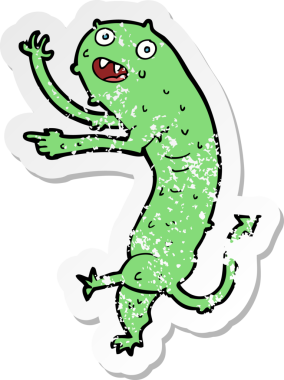 Bir insan tarafından çizilmiş iğrenç, küçük bir canavarın retro depresif çıkartması.