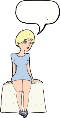 Bir insan tarafından çizilmiş konuşma baloncuğuyla oturan meraklı bir kadın.