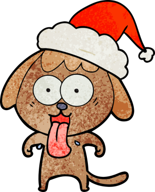 Bir insan tarafından çizilmiş Noel Baba şapkası takan bir köpeğin çizilmiş güzel el çizimi karikatürü.