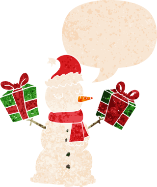 bir insan tarafından çizilmiş grunge sıkıntılı retro biçimli konuşma balonu ile kardan adam çizgi filmi