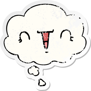 Düşünce baloncuklu mutlu çizgi film yüzü bir insan tarafından çizilmiş yıpranmış bir çıkartma gibi.