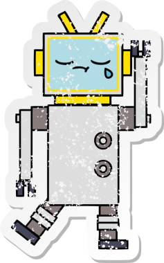 Bir insan tarafından çizilmiş ağlayan şirin bir çizgi robotun sıkıntılı çıkartması.