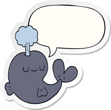 Bir insan tarafından çizilmiş konuşma balonu çıkartmalı şirin bir balina.