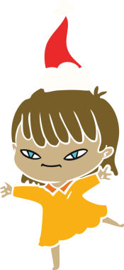 Bir insan tarafından çizilmiş Noel Baba şapkası takan bir kadının düz renkli çizimi.