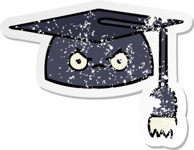 Bir insan tarafından çizilmiş şirin bir çizgi film mezuniyet şapkasının sıkıntılı çıkartması.