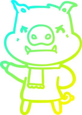 Bir insan tarafından çizilmiş kış kıyafetleri içinde kızgın bir domuz çizimi.