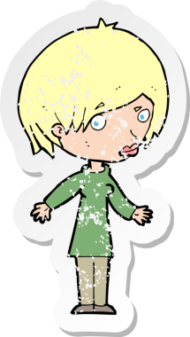 Bir insan tarafından çizilmiş omuzlarını silken karikatürlü bir kadının gerilmiş çıkartması.