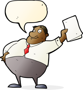 Çizgi film patronu bir insan tarafından çizilmiş konuşma balonuyla kağıtları sallıyor.