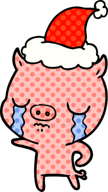 Bir insan tarafından çizilmiş Noel Baba şapkası giymiş bir domuzun el çizimi çizgi roman tasviri.