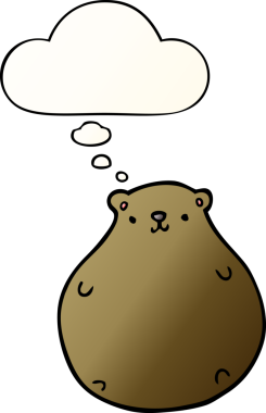 Bir insan tarafından çizilmiş yumuşak eğimli düşünce baloncuklu çizgi film ayısı.