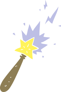 Bir insan tarafından çizilmiş düz renkli çizgi film sihirli değneği.