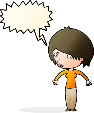 Bir insan tarafından çizilmiş bir konuşma balonuyla omuz silken karikatür kadın.