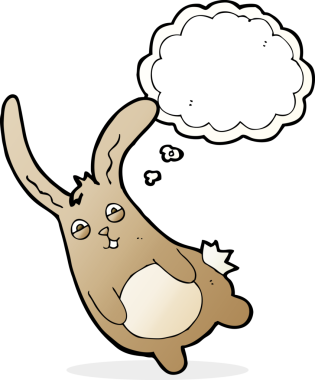 Bir insan tarafından çizilmiş düşünce balonlu komik çizgi film tavşanı.