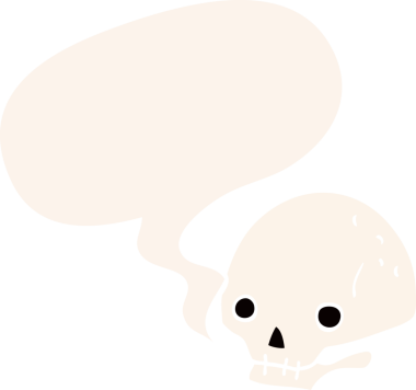 bir insan tarafından çizilmiş eski usul konuşma baloncuğu olan karikatür ürkütücü kafatası.