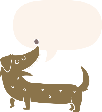 Konuşma baloncuğu olan bir insan tarafından çizilmiş bir çizgi film köpeği.