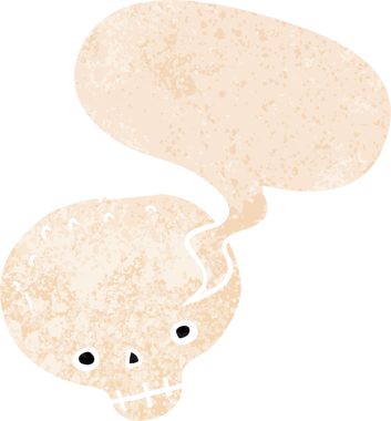 grunge 'da konuşma baloncuğu olan karikatür kafatası bir insan tarafından çizilmiş gerilimli retro stil