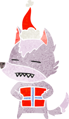 Bir insan tarafından çizilmiş Noel Baba şapkası giyen bir kurdun el çizimi karikatürü.