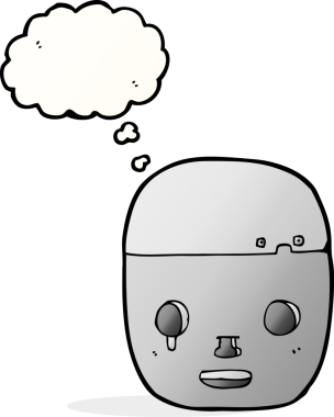 Bir insan tarafından çizilmiş düşünce baloncuklu robot kafası.