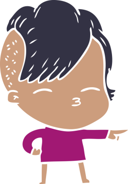 Düz renkli çizgi film çizen kız bir insan tarafından çizilmiş.