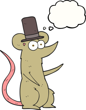 Bir insan tarafından çizilmiş silindir şapkalı baloncuk çizgi film faresi.