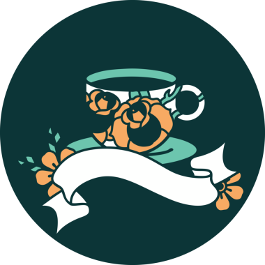 bir fincanın bayrağı ve bir insanın çizdiği çiçeklerle dövme tarzı simgesi