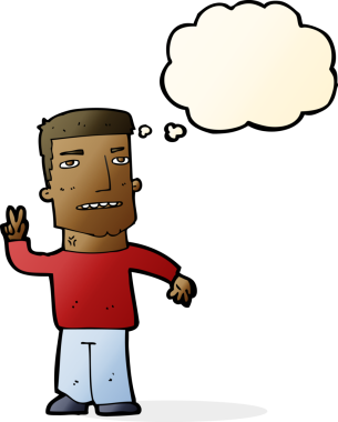 Bir insan tarafından çizilmiş düşünce baloncuğuyla barış işareti yapan çizgi film adamı.