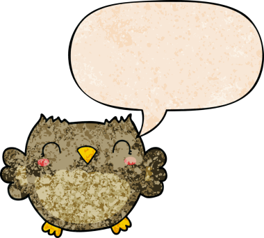 Bir insan tarafından çizilmiş geçmişe dönük konuşma baloncuğu olan sevimli çizgi film baykuşu.