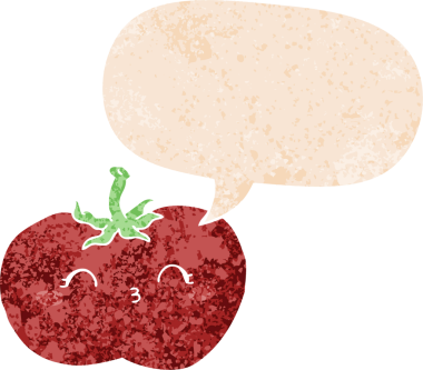 grunge 'da konuşma baloncuğu olan çizgi film domatesleri bir insan tarafından çizilmiş sıkıntılı retro dokuma tarzı