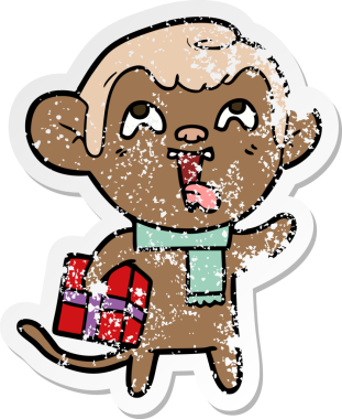 Bir insan tarafından çizilmiş Noel hediyeli çılgın bir çizgi film maymunu çıkartması.