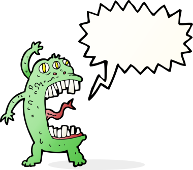 Bir insan tarafından çizilmiş konuşma balonlu çılgın canavar çizgi filmi.