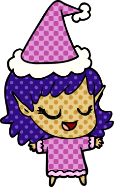 Mutlu el çizimi çizgi roman stili Noel Baba şapkası giyen bir elf kızı bir insan tarafından çizilmiş.