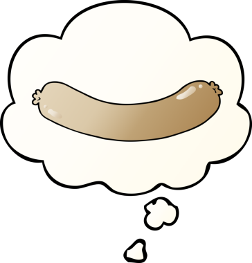 Düşünce baloncuklu çizgi film sosisi. Bir insan tarafından çizilmiş yumuşak bir gradyan stil.