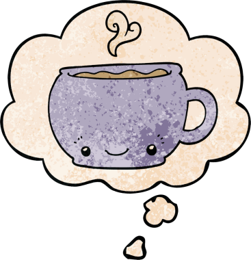 Bir insan tarafından çizilmiş, grunge desenli, düşünce baloncuklu sıcak kahve.
