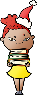 Bir insan tarafından çizilmiş Noel Baba şapkası giymiş bir kadının el çizimi karikatürü.