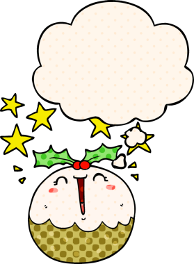 Mutlu noel pudingi çizgi roman tarzında bir insan tarafından çizilmiş düşünce baloncuğu.