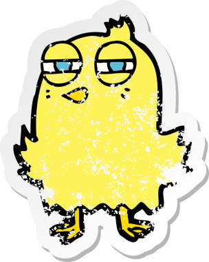 Bir insan tarafından çizilmiş komik bir karikatür kuşunun gerilmiş çıkartması.