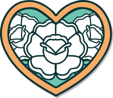 Geleneksel kalp stili dövme çıkartması ve bir insan tarafından çizilmiş çiçekler.