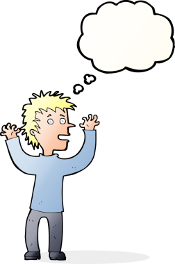 Bir insan tarafından çizilmiş düşünce baloncuğu olan heyecanlı çocuk.