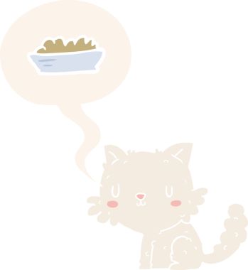 Sevimli çizgi film kedisi ve bir insan tarafından çizilmiş retro tarzı konuşma baloncuklu yemek.