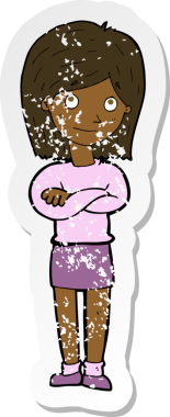 Bir insan tarafından çizilmiş, karikatür dostu, yuvarlanan bakışlı bir kızın gerilimli çıkartması.