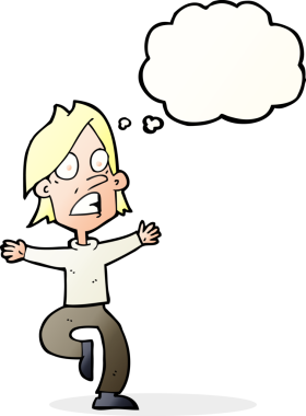 Bir insan tarafından çizilmiş düşünce baloncuğuyla panikleyen bir adam.